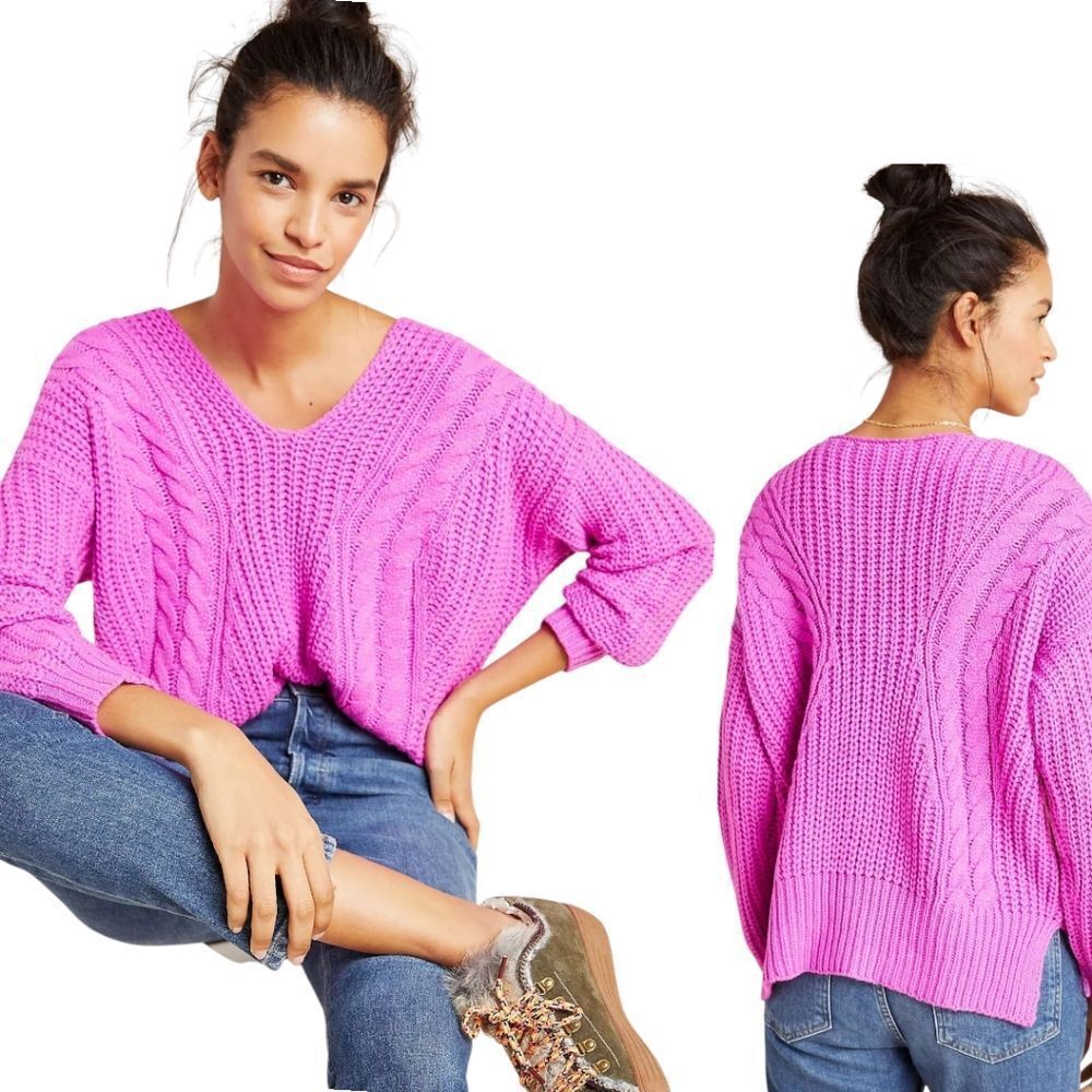 Anthropologie HEARTLOOM Evon Cable V Neck Sweater Size M